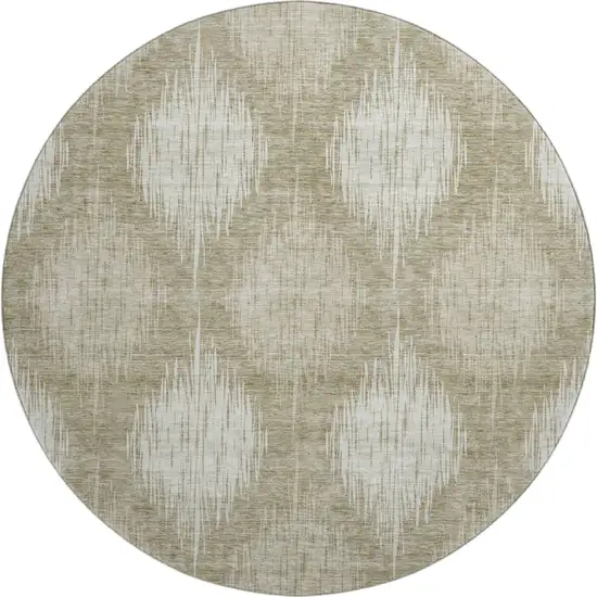 8' Taupe And Ivory Ikat Washable Round Rug With UV Protection Photo 1