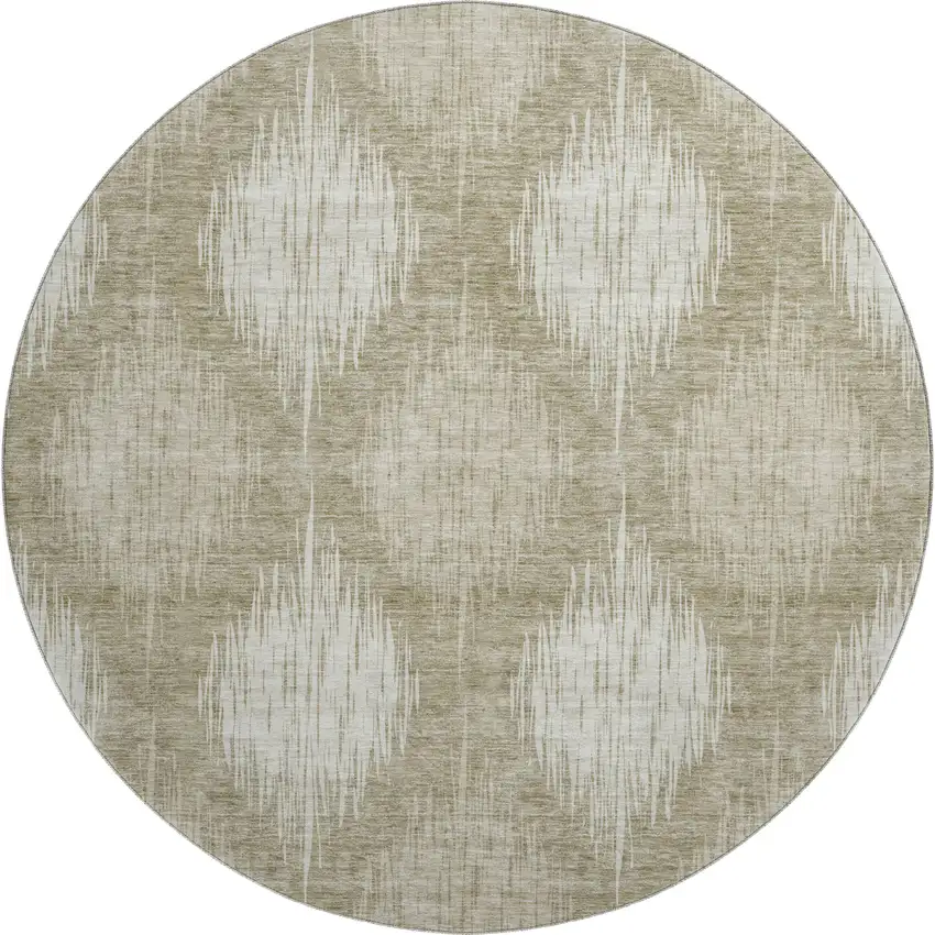 8' Taupe And Ivory Ikat Washable Round Rug With UV Protection Photo 1