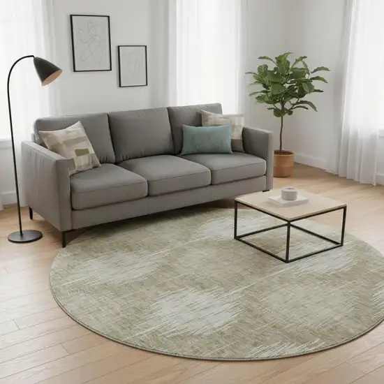 8' Taupe And Ivory Ikat Washable Round Rug With UV Protection Photo 2