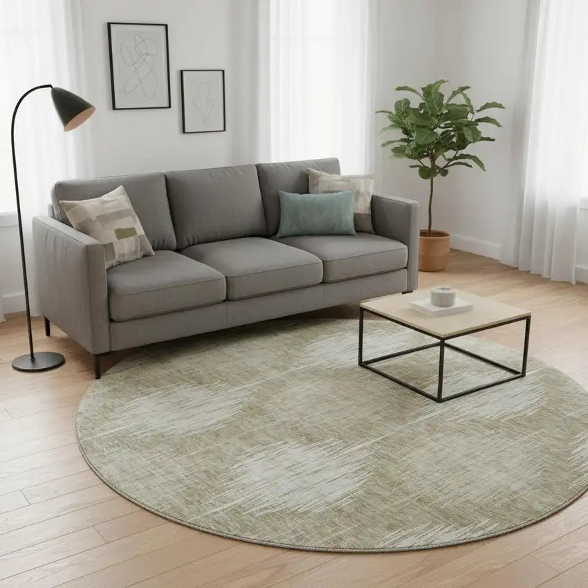 8' Taupe And Ivory Ikat Washable Round Rug With UV Protection Photo 2