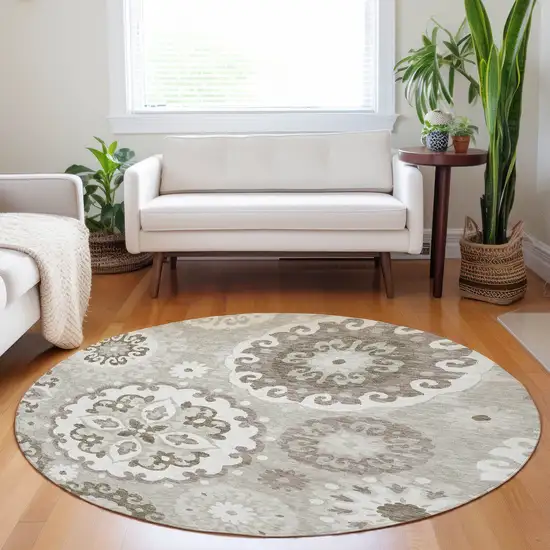 8' Taupe And Ivory Medallion Washable Round Rug With UV Protection Photo 5