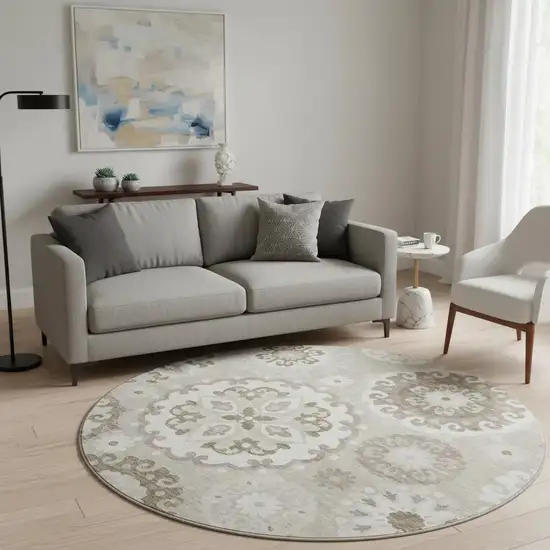 8' Taupe And Ivory Medallion Washable Round Rug With UV Protection Photo 2