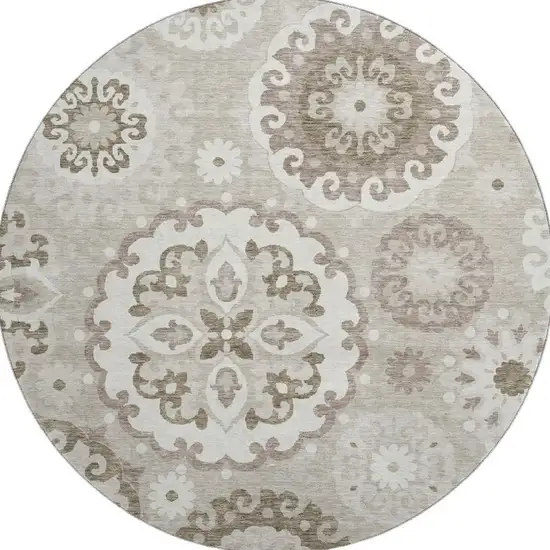 8' Taupe And Ivory Medallion Washable Round Rug With UV Protection Photo 4