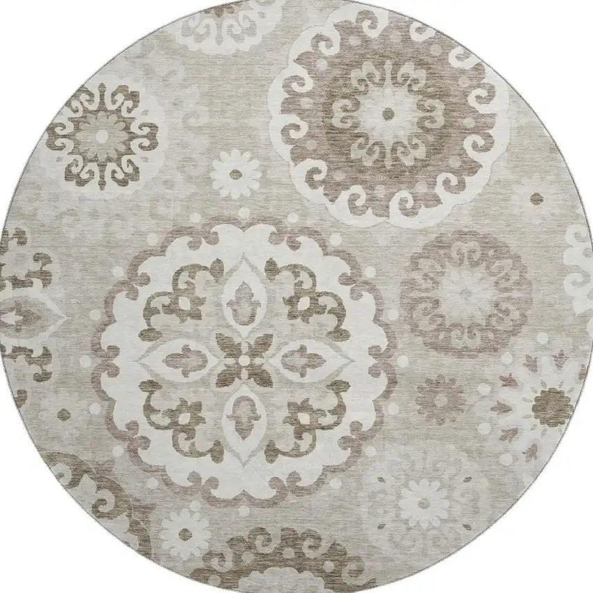 8' Taupe And Ivory Medallion Washable Round Rug With UV Protection Photo 4