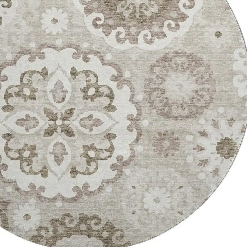 8' Taupe And Ivory Medallion Washable Round Rug With UV Protection Photo 3