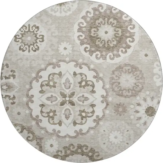 8' Taupe And Ivory Medallion Washable Round Rug With UV Protection Photo 1