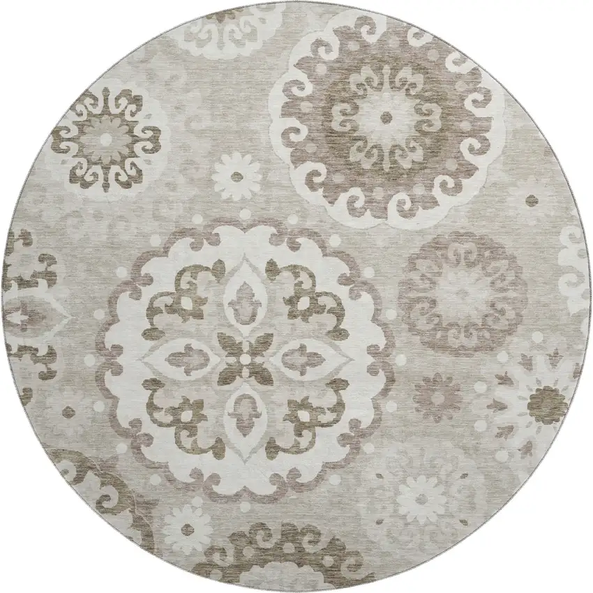 8' Taupe And Ivory Medallion Washable Round Rug With UV Protection Photo 1