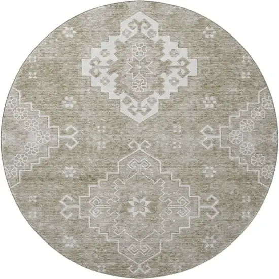 8' Taupe And Ivory Medallion Washable Round Rug With UV Protection Photo 3