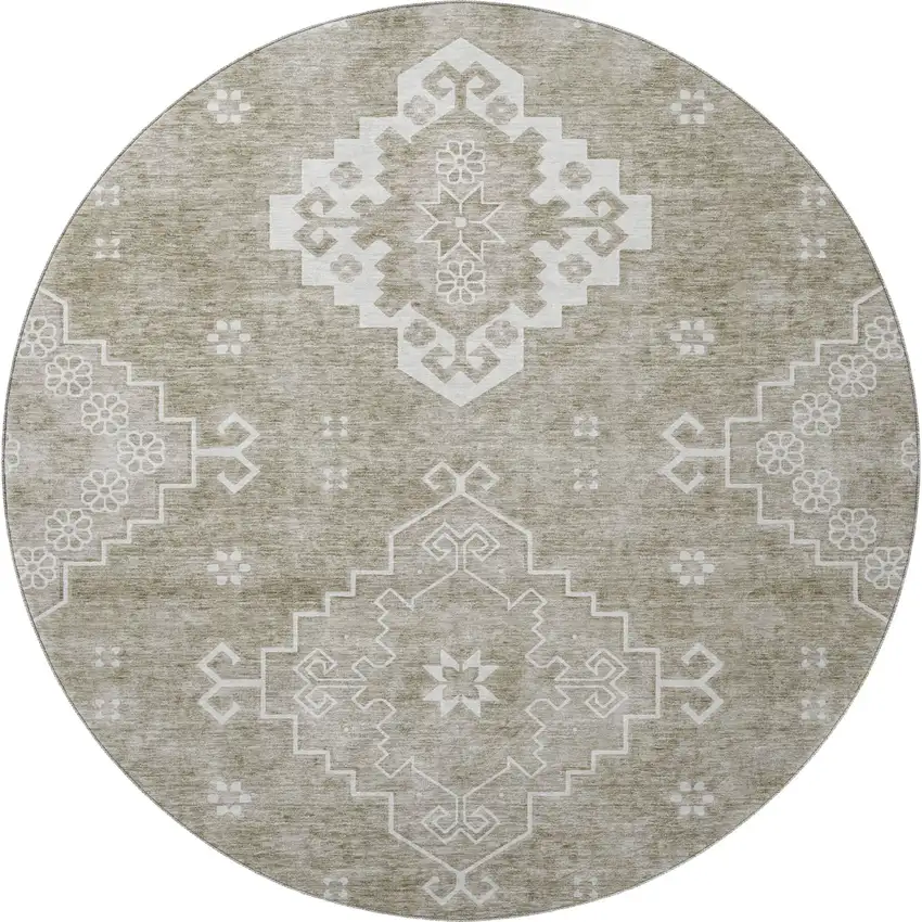 8' Taupe And Ivory Medallion Washable Round Rug With UV Protection Photo 3