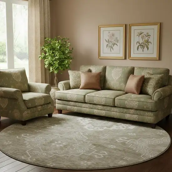 8' Taupe And Ivory Medallion Washable Round Rug With UV Protection Photo 1