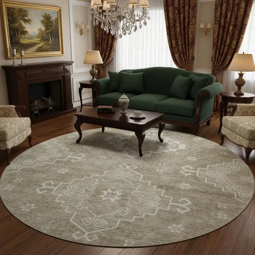 8' Taupe And Ivory Medallion Washable Round Rug With UV Protection Photo 2