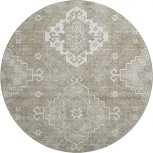 Photo of 8' Taupe And Ivory Medallion Washable Round Rug With UV Protection