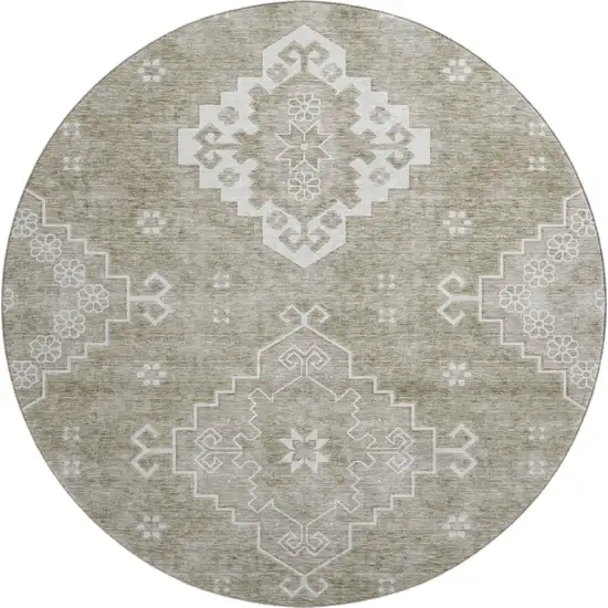 8' Taupe And Ivory Medallion Washable Round Rug With UV Protection Photo 1