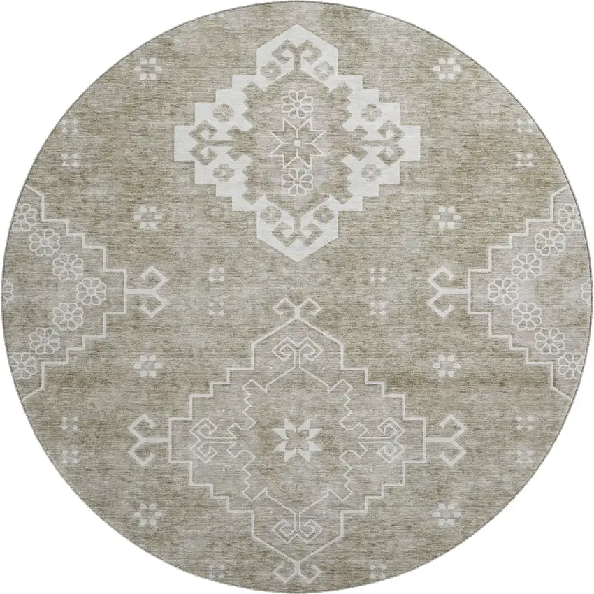 8' Taupe And Ivory Medallion Washable Round Rug With UV Protection Photo 1