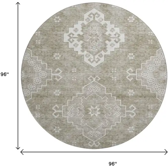 8' Taupe And Ivory Medallion Washable Round Rug With UV Protection Photo 9