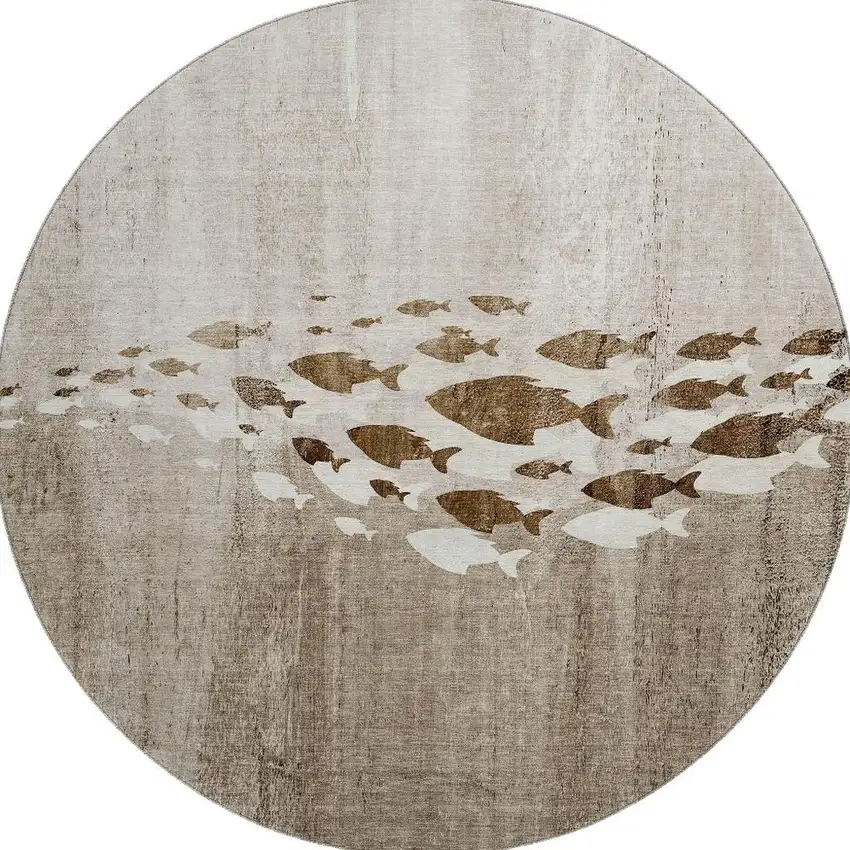 8' Taupe And Ivory Nautical Washable Round Rug With UV Protection Photo 4
