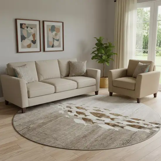 8' Taupe And Ivory Nautical Washable Round Rug With UV Protection Photo 1