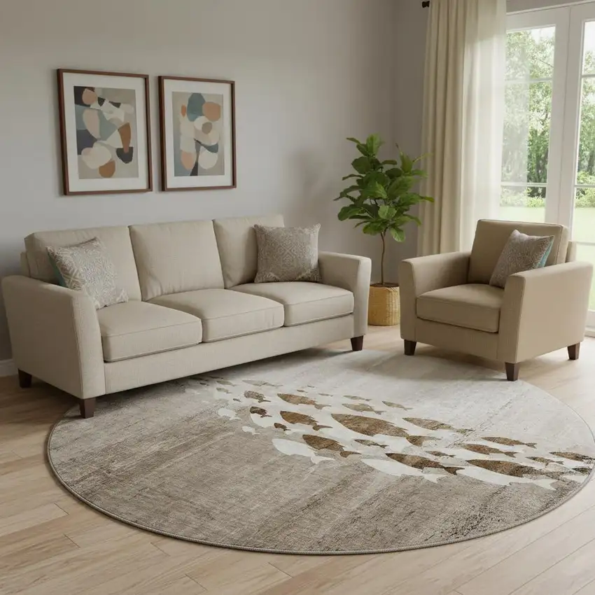 8' Taupe And Ivory Nautical Washable Round Rug With UV Protection Photo 1