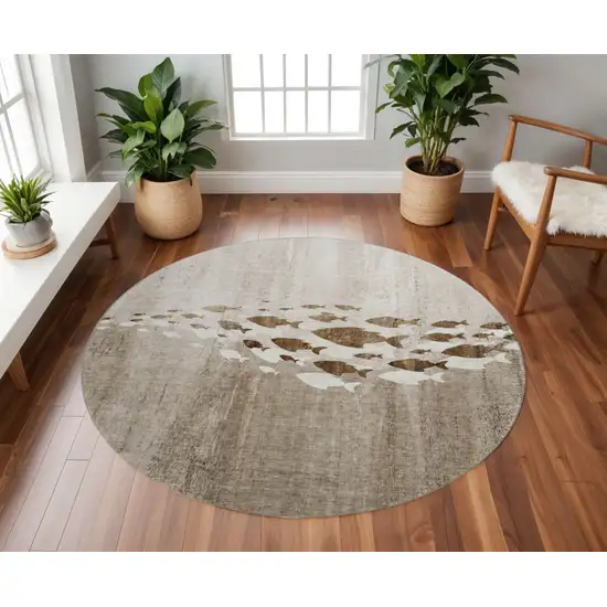 8' Taupe And Ivory Nautical Washable Round Rug With UV Protection Photo 2
