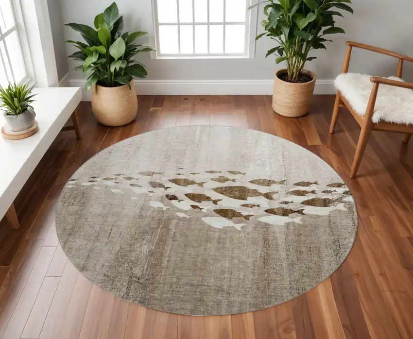 8' Taupe And Ivory Nautical Washable Round Rug With UV Protection Photo 2