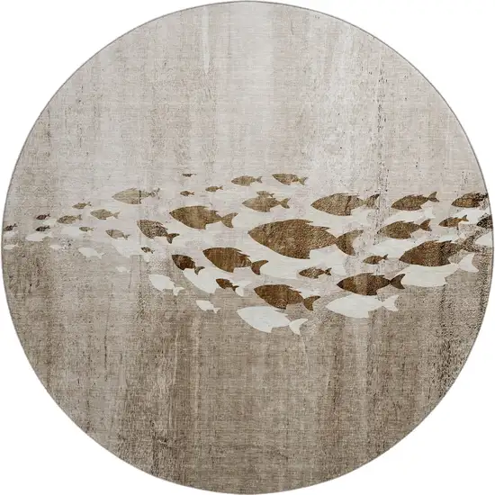 8' Taupe And Ivory Nautical Washable Round Rug With UV Protection Photo 1