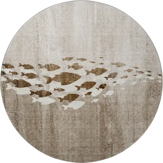8' Taupe And Ivory Nautical Washable Round Rug With UV Protection Photo 3