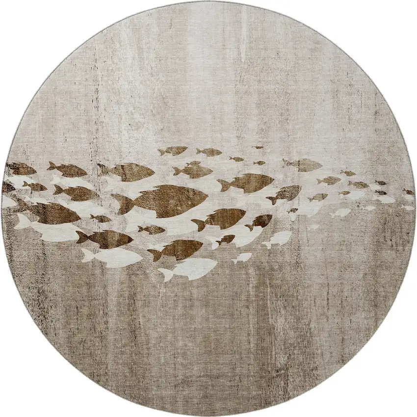 8' Taupe And Ivory Nautical Washable Round Rug With UV Protection Photo 3