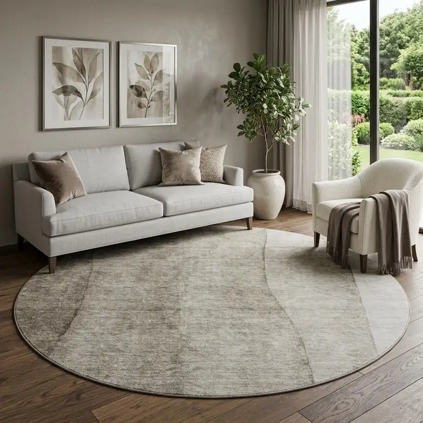 8' Taupe And Ivory Ombre Washable Round Rug With UV Protection Photo 1