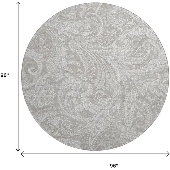 8' Taupe And Ivory Paisley Washable Round Rug With UV Protection Photo 6