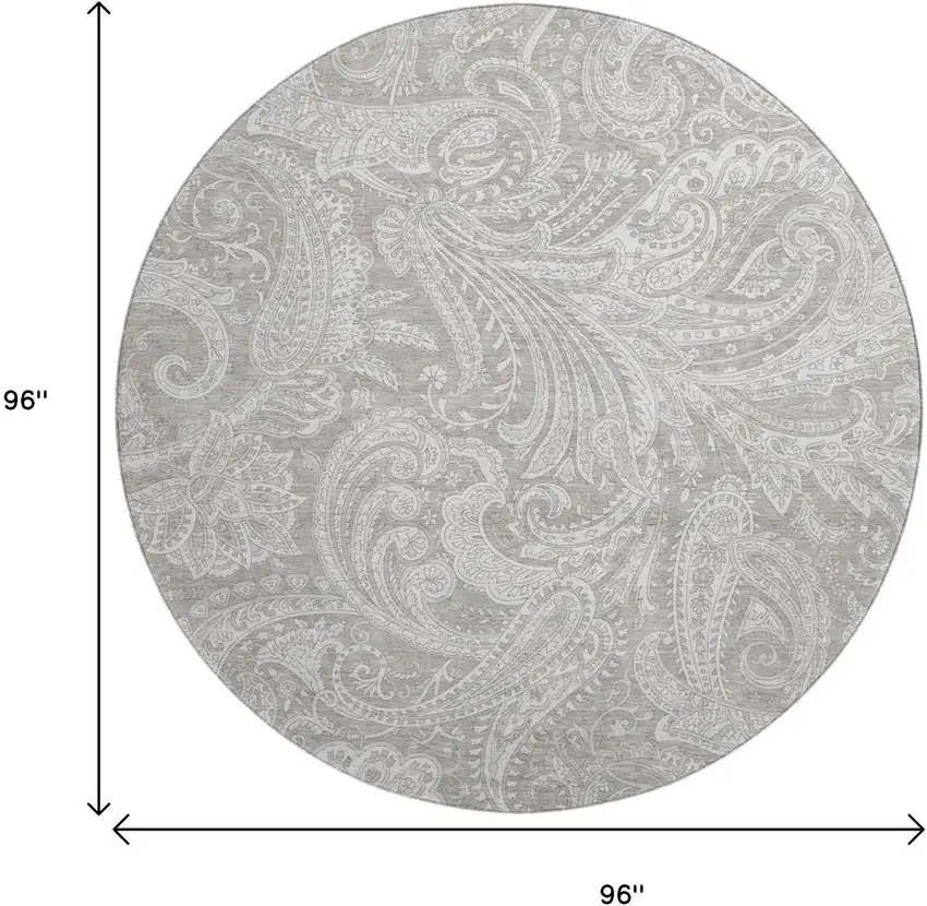8' Taupe And Ivory Paisley Washable Round Rug With UV Protection Photo 6
