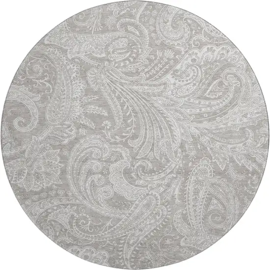 8' Taupe And Ivory Paisley Washable Round Rug With UV Protection Photo 1