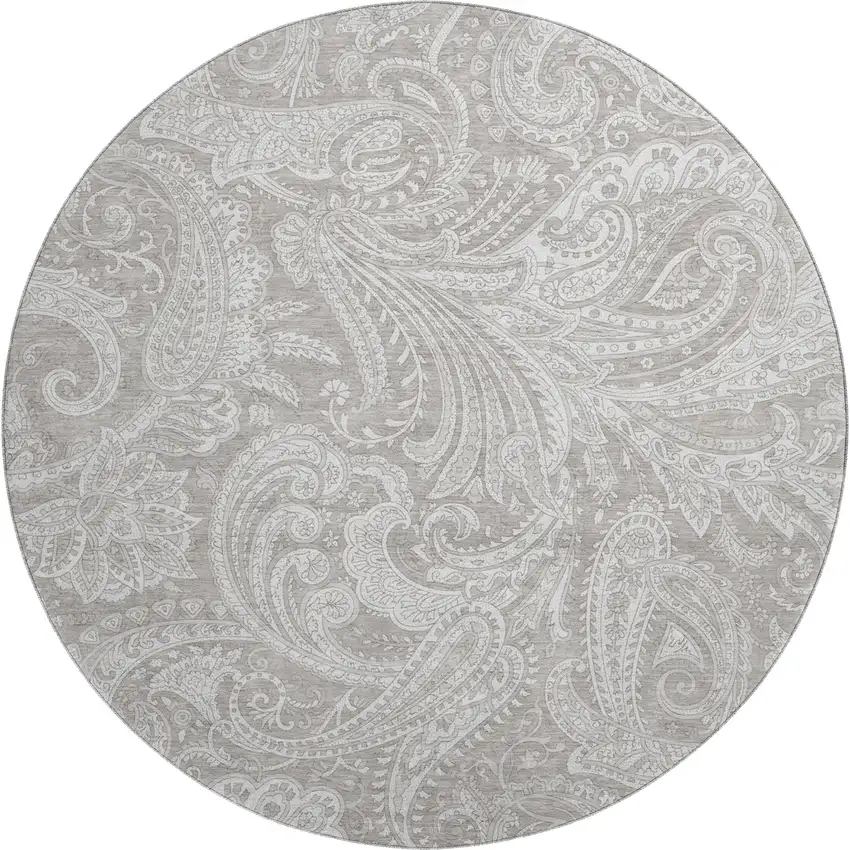 8' Taupe And Ivory Paisley Washable Round Rug With UV Protection Photo 1