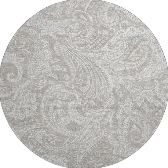 8' Taupe And Ivory Paisley Washable Round Rug With UV Protection Photo 3