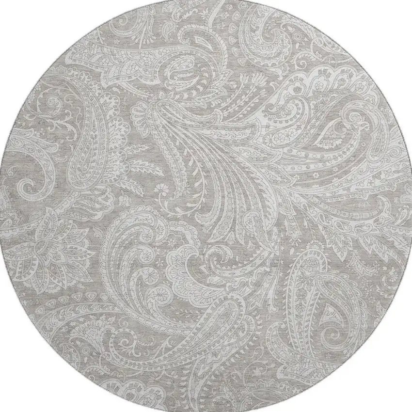 8' Taupe And Ivory Paisley Washable Round Rug With UV Protection Photo 3