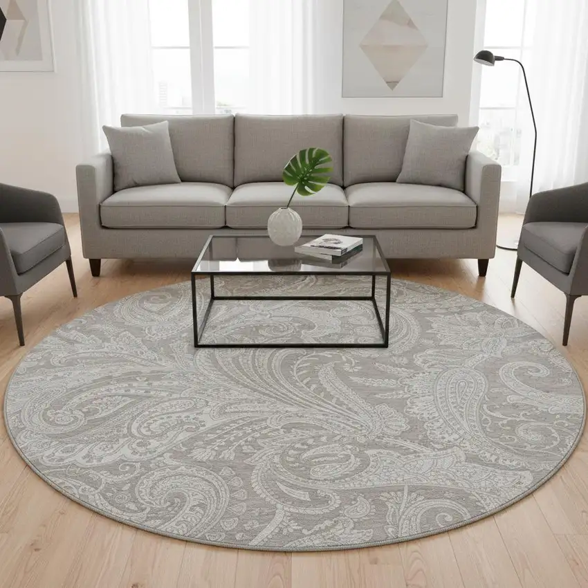 8' Taupe And Ivory Paisley Washable Round Rug With UV Protection Photo 2