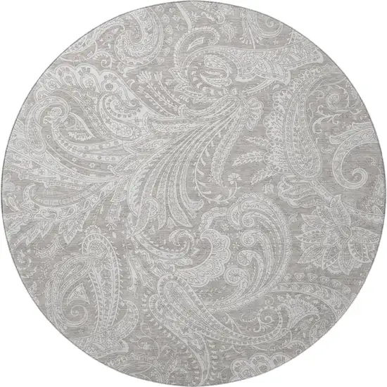 8' Taupe And Ivory Paisley Washable Round Rug With UV Protection Photo 4