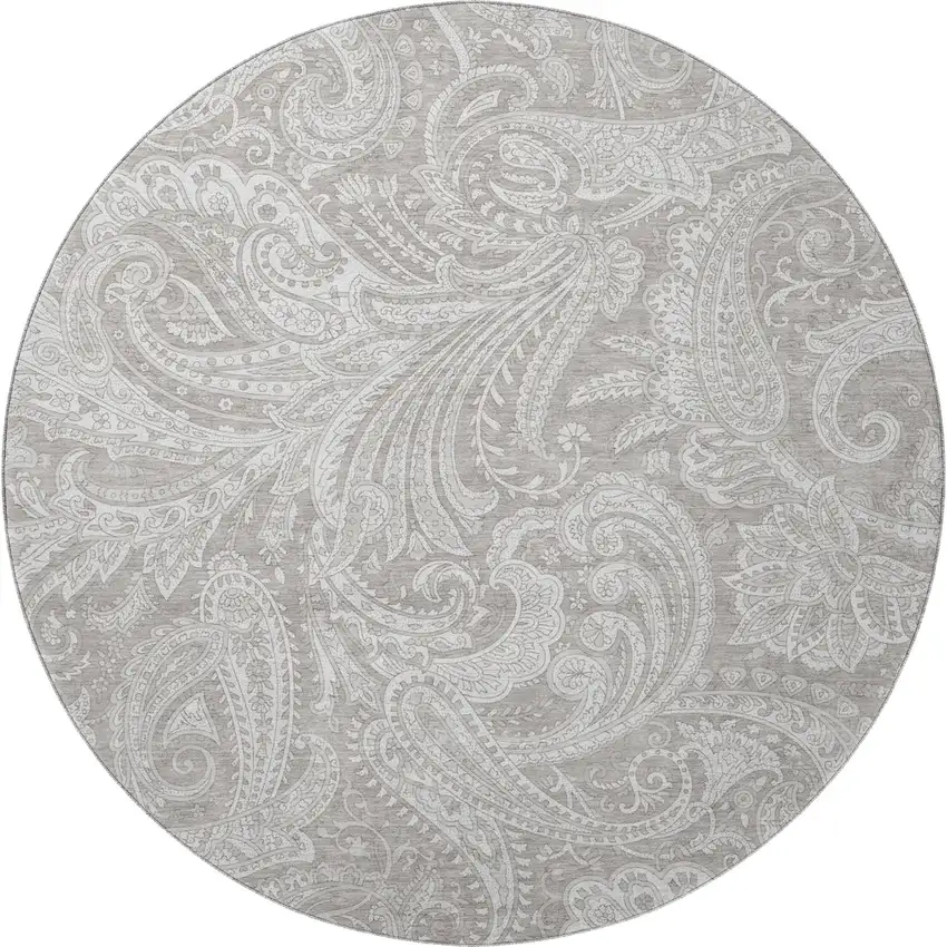 8' Taupe And Ivory Paisley Washable Round Rug With UV Protection Photo 4