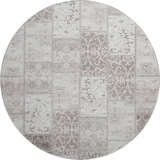 8' Taupe And Ivory Patchwork Washable Round Rug With UV Protection Photo 1
