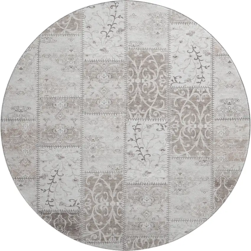 8' Taupe And Ivory Patchwork Washable Round Rug With UV Protection Photo 1
