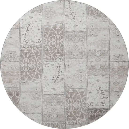 8' Taupe And Ivory Patchwork Washable Round Rug With UV Protection Photo 3