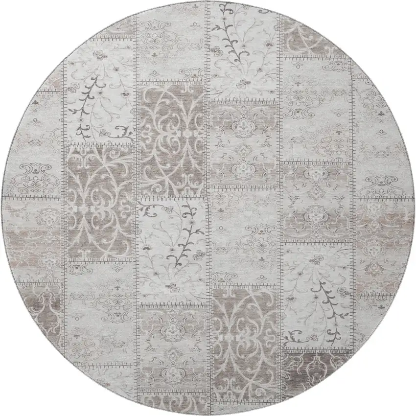 8' Taupe And Ivory Patchwork Washable Round Rug With UV Protection Photo 3