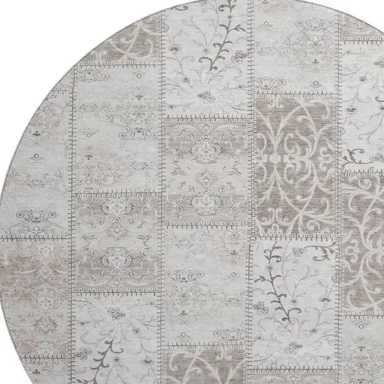 8' Taupe And Ivory Patchwork Washable Round Rug With UV Protection Photo 4