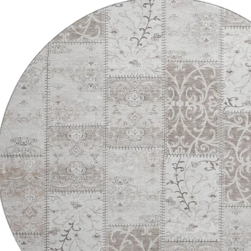8' Taupe And Ivory Patchwork Washable Round Rug With UV Protection Photo 4