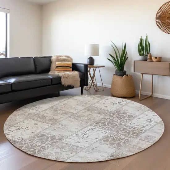 8' Taupe And Ivory Patchwork Washable Round Rug With UV Protection Photo 5