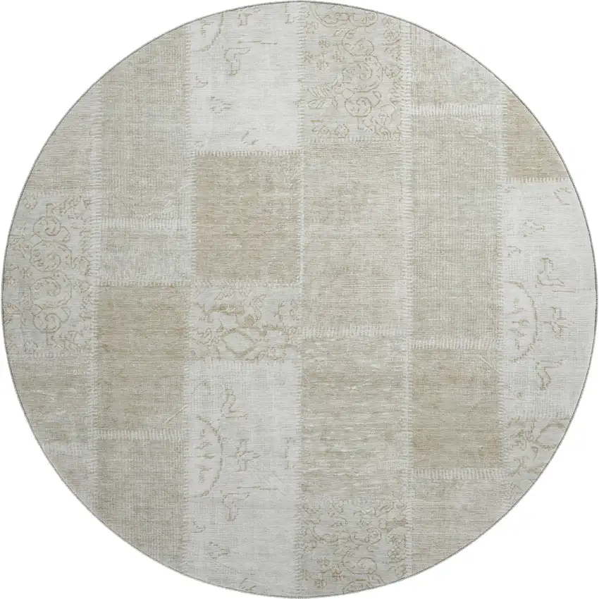 8' Taupe And Ivory Patchwork Washable Round Rug With UV Protection Photo 1