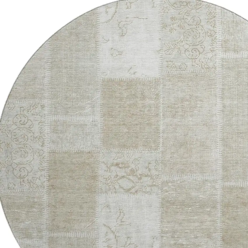 8' Taupe And Ivory Patchwork Washable Round Rug With UV Protection Photo 2