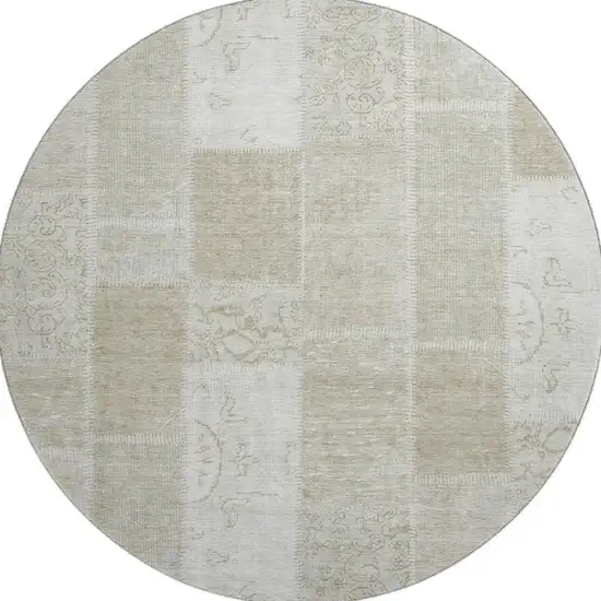 8' Taupe And Ivory Patchwork Washable Round Rug With UV Protection Photo 3