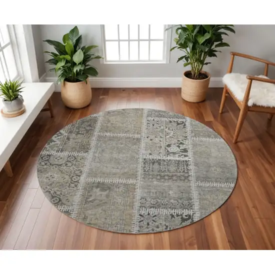 8' Taupe And Ivory Patchwork Washable Round Rug With UV Protection Photo 2