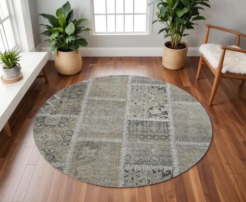 8' Taupe And Ivory Patchwork Washable Round Rug With UV Protection Photo 2