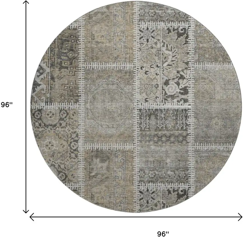 8' Taupe And Ivory Patchwork Washable Round Rug With UV Protection Photo 3